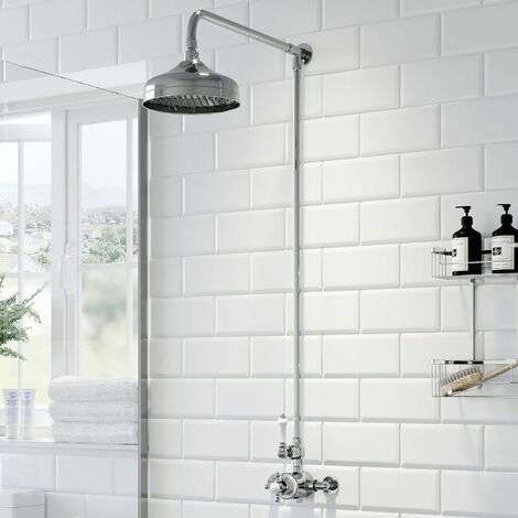 Traditional Thermostatic Mixer Shower Set Round Chrome Crosshead Exposed Valve - Silver