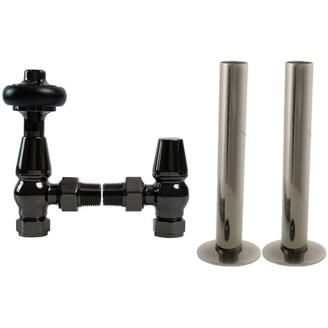 Traditional Thermostatic TRV Angled Radiator Valves Pipes Collars Black Nickel