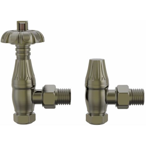 Traditional Thermostatic TRV Antique Design Angled Radiator Rad Valves Pair Polished Antique Brass