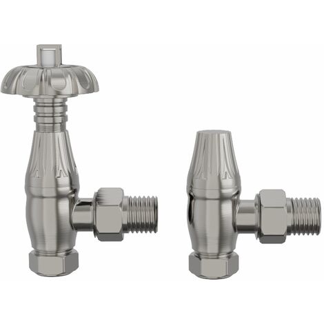 Traditional Thermostatic TRV Antique Design Angled Radiator Rad Valves Pair Satin Nickel