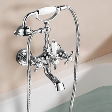 Traditionelle Badewannenarmatur mit Doppelbrausehebel, versilbert