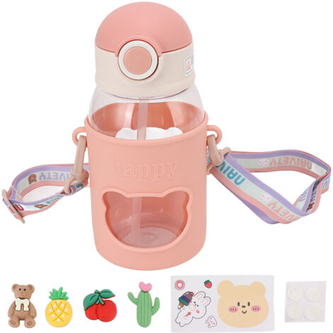 Tragbare, auslaufsichere Trinkflasche mit Strohhalm für Zuhause und Picknicks, rosa mit Aufkleber