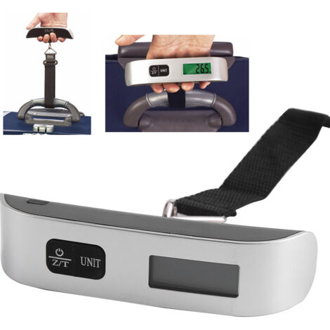 Tragbare digitale Gepäckwaage mit LCD-Display, Temperaturmessfunktion und Hintergrundbeleuchtung – silberfarbenes Kunststoffmodell, 50 kg Tragkraft, 10 g Genauigkeit, 2032-Li-Ionen-Akku