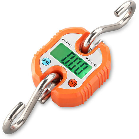 Tragbare digitale Hängewaage 150 kg Mini-Kranwaage Tragbares Wiegehaken-Hängewerkzeug mit doppelter Genauigkeitsanzeige für das Fischen auf dem Bauernhof im Freien, BR-Life(Orange)