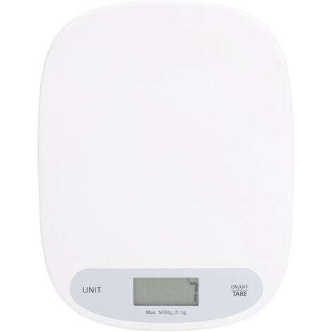 Tragbare digitale Küchenwaage (5 kg) mit Tara-Funktion und Einheitenumrechnung – Weiß