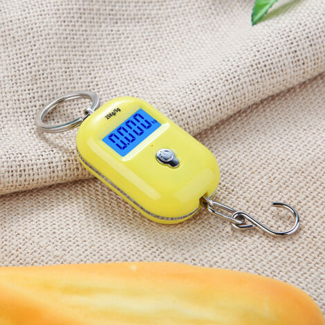 Tragbare, digitale Mini-Gepäckwaage mit automatischer Nullstellung und zweistufiger Teilung (0–10 kg: 5 g / 10–25 kg: 10 g), 25 kg Tragkraft, Einheiten kg/lb/jin, blaues LCD-Display, Metallhaken, korr