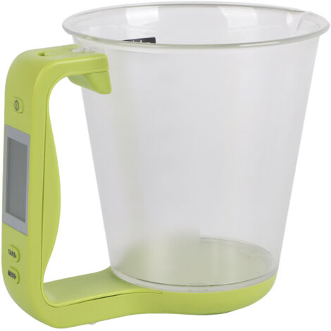 Tragbare elektronische Küchenwaage 1 kg mit Messbecher und LCD-Bildschirm für Kaffee, Milch und Gewürze, grüne Farbe.