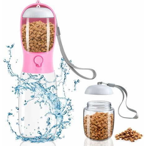 Tragbare Hundewasserflasche, 550 ml Aktivkohlefilter-Hundewasserflasche, Haustier-Reisewasserflasche mit 100 ml Hundefutterflasche, Rosa