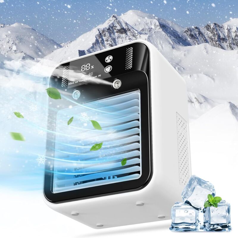 Kzq Schwarz Tragbare Klimaanlage, Wiederaufladbarer Mini-Kühlventilator, Verdunstungsluftkühler Mit 2 Geschwindigkeiten, Digitalanzeige, Tragbarer Ventilator Für Schlafzimmer, Büro, Camping