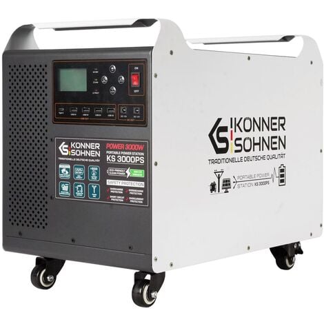 KÖNNER & SÖHNEN Tragbare Stromstation KS 3000PS mit eingebauter LiFePO4-Akkubatterie, Nennleistung 3000 Watt, Akkukapazität 3072 Wh (120 Ah, 25,6 V), 230 V 50 Hz, 4 x USB-A 5 V, 1 x USB Type-C, 3xAC Schuko 230 V, 2xD