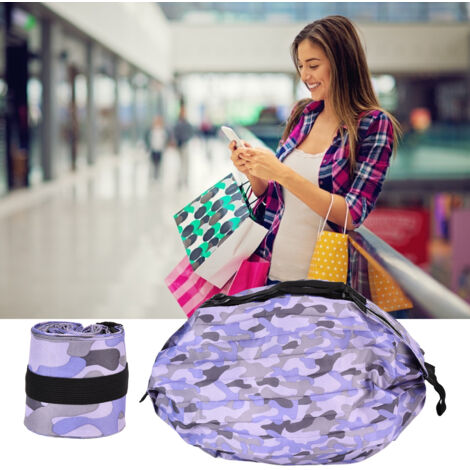 Tragbare und waschbare Einkaufstasche – Wiederverwendbare und faltbare Einkaufstasche mit Doppelgurt – Wasserabweisendes Oxford-Gewebe – Camouflage-Lila – 40 x 40 cm