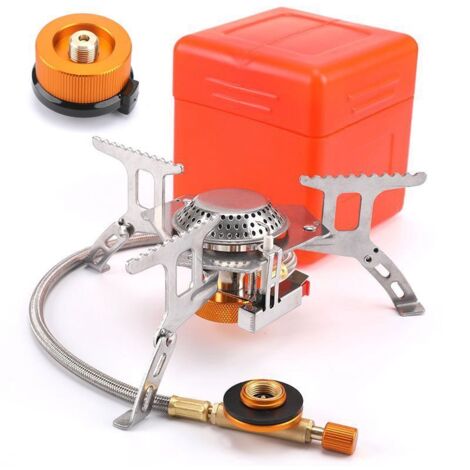 Tragbarer 3500-Watt-Campinggaskocher mit geteiltem Gasbrenner, elektronischer Zündung und windfestem Design für Kochen und Grillen im Freien.