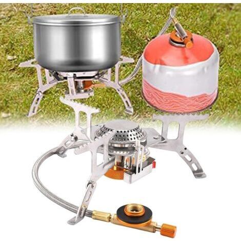 Tragbarer 3500-Watt-Campinggaskocher mit geteiltem Gasbrenner, elektronischer Zündung und windfestem Design für Kochen und Grillen im Freien.
