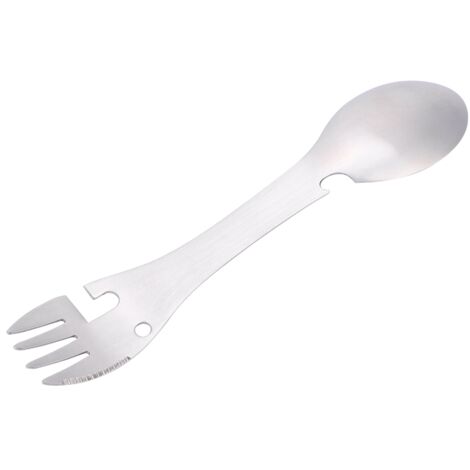 Tragbarer 5-in-1 Multifunktionslöffel mit Gabel, Flaschenöffner und gezahntem Dosenschneider, ideal für Camping und Picknicks.
