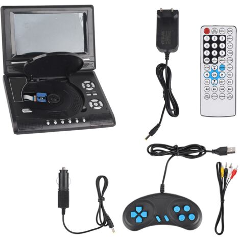 Tragbarer 7-Zoll-DVD-Player mit schwenkbarem Bildschirm, wiederaufladbar, mit Fernbedienung und Autoladegerät (100-240V EU-Stecker)