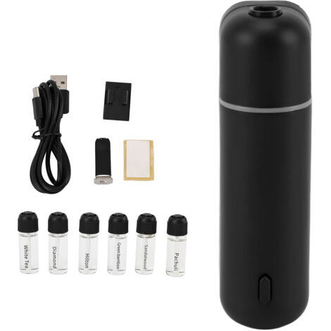 Tragbarer Auto-Diffusor für ätherische Öle, 6 x 5 ml Fläschchen, USB 5 V, Bewegungserkennung, ideal für Reisen und den täglichen Arbeitsweg, schwarz.