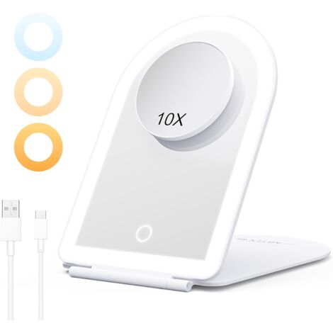 Tragbarer beleuchteter Kosmetikspiegel mit 10-facher Vergrößerung, verstellbarem Touch-LED-Spiegel – 3-farbige Beleuchtung, USB-aufladbar für Reisen und Schlafzimmer, Weiß