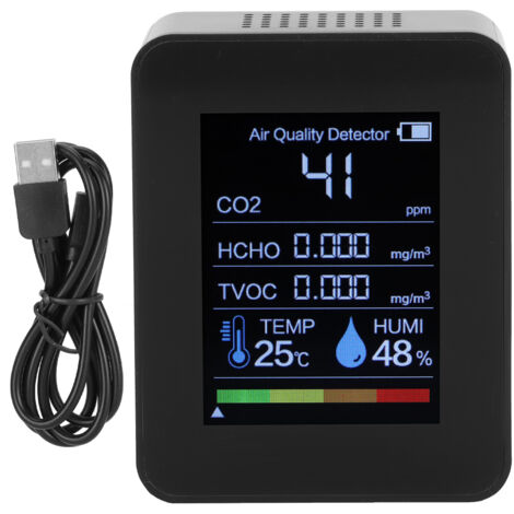 Tragbarer CO₂-HCHO-Detektor – Luftqualitätsmonitor mit Temperatur- und Feuchtigkeitsmesser – Schwarz