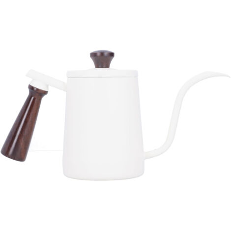 Tragbarer Edelstahl-Kaffeekessel mit langem Ausguss und Holzgriff, 700 ml, Weiß
