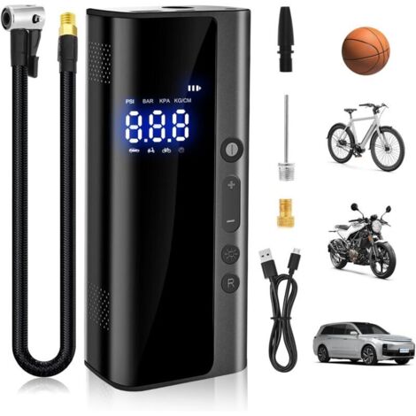 Tragbarer elektrischer Luftkompressor, 150 psi, 7,4 V, 8000 mAh, Mini-Modell für Auto, Motorrad, Fahrrad, Ball, aufladbar über USB-C, auch als Taschenlampe und Powerbank nutzbar.