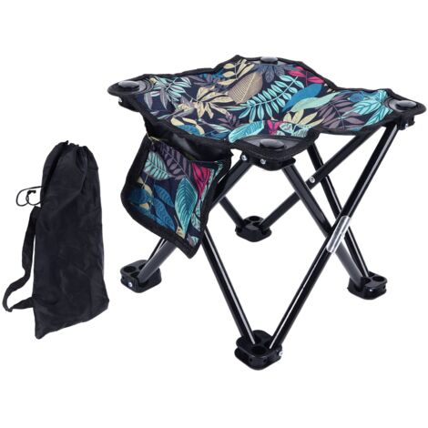 Tragbarer, faltbarer Campinghocker aus Canvas mit Blattmuster, kompakt für Wandern, Angeln, Garten, Strand, mit Tragetasche, Blau