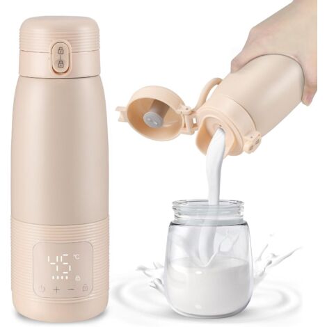 Tragbarer Flaschenwärmer, großes Fassungsvermögen 500 ml, schneller Aufheizvorgang und präzise Temperaturregelung, wiederaufladbar, Rosa