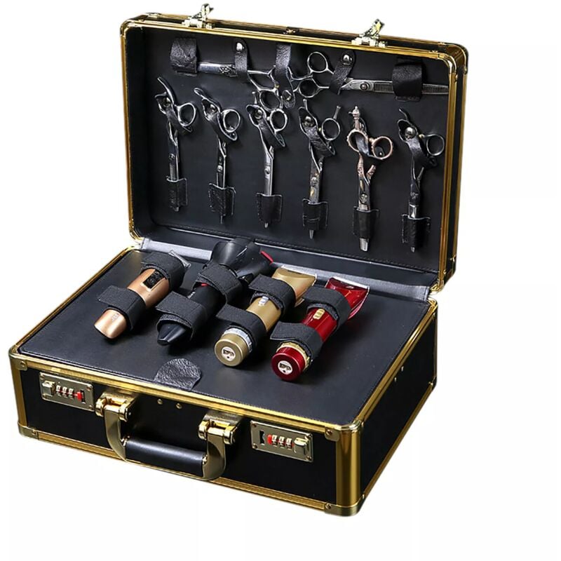 Image of Tragbarer großer Friseursalon Stylist Koffer für Werkzeugaufbewahrung Display Gold + Schloss
