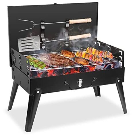 Tragbarer Holzkohlegrill, kleiner, zusammenklappbarer Außengrill mit Zubehör und Deckel, 43 x 26 x 46 cm