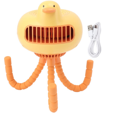 Tragbarer Kinderwagenventilator in Entenform, 3 leise Geschwindigkeitsstufen, 2 Leistungsmodi, sichere Babybefestigung, gelbe Farbe.
