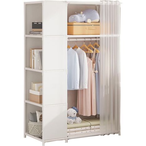 Tragbarer Kleiderschrank aus Canvas mit Kleiderstange und Regalböden, Stoffschrank-Organizer fürs Schlafzimmer, weiß, 88 x 44 x 162 cm.