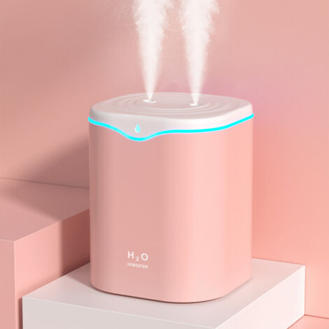 Tragbarer, leiser USB-Luftbefeuchter mit zwei Sprühdüsen, großem Fassungsvermögen und Nachtlicht für Schlafzimmer und Büro, Rosa