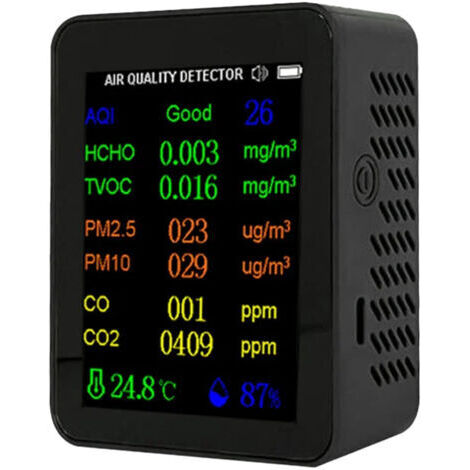 Tragbarer Luftqualitätsmonitor, 9 in 1, kann PM2.5, PM10, CO, CO2, TVOC, HCHO, AQI, Temperatur und Luftfeuchtigkeit erkennen, Farbbildschirm, Kohlendioxiddetektor mit Zeitanzeigefunktion.