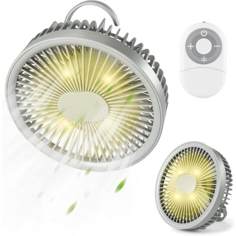Tragbarer Mini-Hängeventilator, um 180° drehbarer Schreibtischventilator mit LED-Leuchten, praktische magnetische Fernbedienung, 3 leise Geschwindigkeiten, wiederaufladbar über USB für Heimcamping