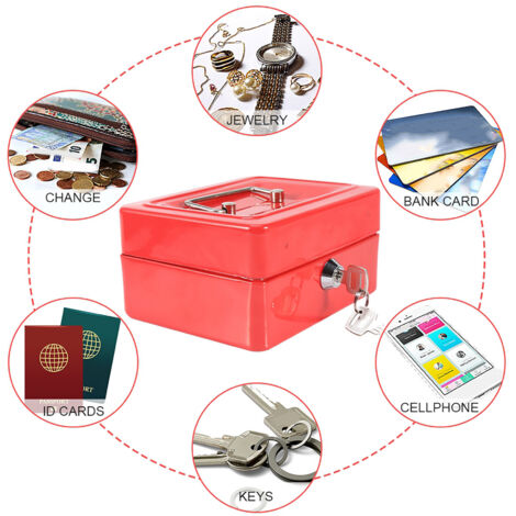 Tragbarer Mini-Sicherheitskoffer aus Metall mit 6 Fächern und 2 Schlüsseln – Schmuck-, Bargeld- und Wertsachenkoffer – Maße: 15 x 12 x 7,5 cm – Rot