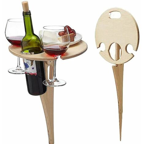 Tragbarer Weintisch im Freien – klappbarer runder Tisch – Picknicktisch aus Holz – Picknick im Freien – Parkrasen – Weinbecherhalter – Reisen
