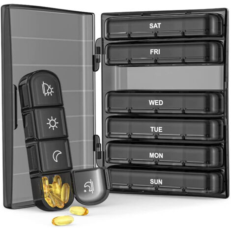 Tragbarer Wochen-Pillenorganizer mit 28 Fächern (4 pro Tag) und beleuchtetem Etui. Ideal für Reisen zur Aufbewahrung von Vitaminen, Medikamenten und Nahrungsergänzungsmitteln.