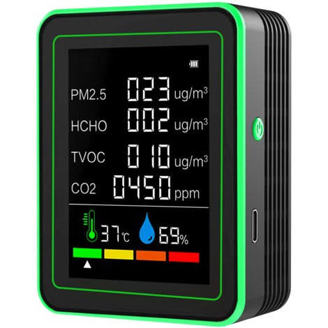 Tragbares 6-in-1-Luftqualitätsmessgerät, misst Temperatur, Luftfeuchtigkeit, PM2,5, HCHO, TVOC, CO2, präziser CO2-Detektor für Innenräume