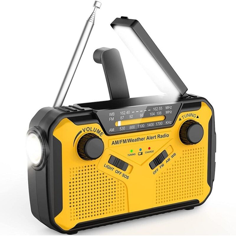 Radio de survie portable à dynamo, radio à batterie AM/FM avec banque d'alimentation 3000 mAh/alarme SOS/lampe de poche/panneau solaire,