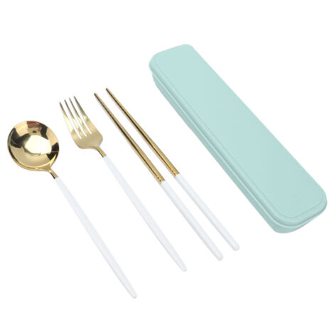 Tragbares Edelstahl-Besteckset, korrosionsbeständig und rutschfest, Löffel und Essstäbchen für Büro und Freizeit, weiß-goldene Farbe