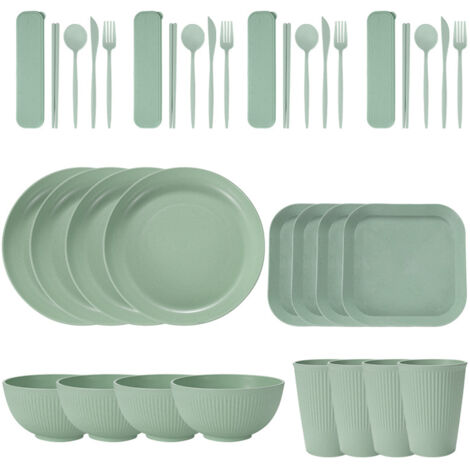 Tragbares Geschirrset aus Weizenstroh (Schüsseln, Teller und Becher), Messer, Gabel, Löffel und portugiesische Essstäbchen. 36-teiliges Set.
