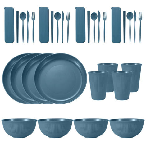 Tragbares Geschirrset aus Weizenstroh (Schüsseln, Teller und Becher), Messer, Gabel, Löffel und portugiesische Essstäbchen. 36-teiliges Set.