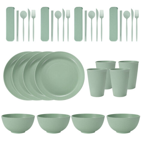 Tragbares Geschirrset aus Weizenstroh (Schüsseln, Teller und Becher), Messer, Gabel, Löffel und portugiesische Essstäbchen. 36-teiliges Set.
