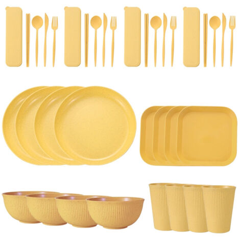 Tragbares Geschirrset aus Weizenstroh (Schüsseln, Teller und Becher), Messer, Gabel, Löffel und portugiesische Essstäbchen. 36-teiliges Set.