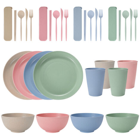 Tragbares Geschirrset aus Weizenstroh (Schüsseln, Teller und Becher), Messer, Gabel, Löffel und portugiesische Essstäbchen. 36-teiliges Set.