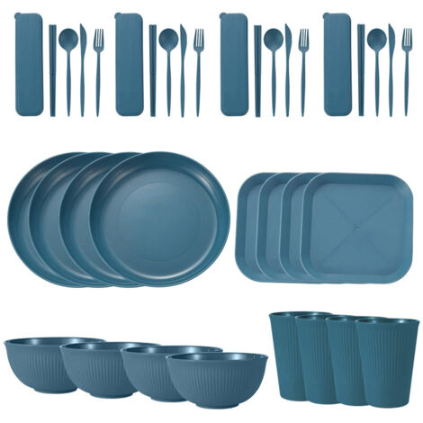 Tragbares Geschirrset aus Weizenstroh (Schüsseln, Teller und Becher), Messer, Gabel, Löffel und portugiesische Essstäbchen. 36-teiliges Set.