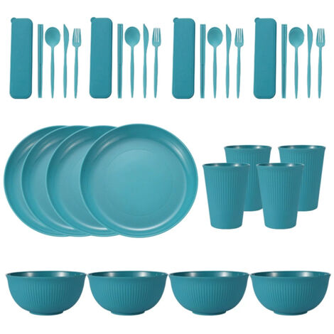Tragbares Geschirrset aus Weizenstroh (Schüsseln, Teller und Becher), Messer, Gabel, Löffel und portugiesische Essstäbchen. 36-teiliges Set.