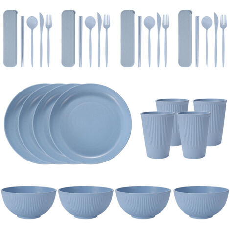 Tragbares Geschirrset aus Weizenstroh (Schüsseln, Teller und Becher), Messer, Gabel, Löffel und portugiesische Essstäbchen. 36-teiliges Set.