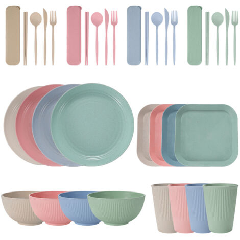 Tragbares Geschirrset aus Weizenstroh (Schüsseln, Teller und Becher), Messer, Gabel, Löffel und portugiesische Essstäbchen. 36-teiliges Set.