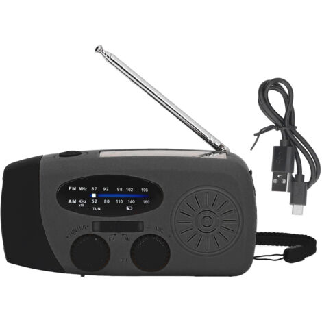 Tragbares Handkurbelradio mit Solar- und USB-Anschluss für FM/AM/WB-Empfang und LED-Taschenlampe für Notfälle und Überlebenssituationen (Schwarz)