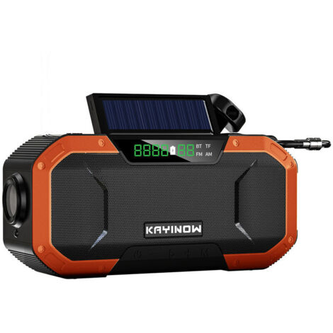 Tragbares Handkurbelradio, multifunktional, IPX6, wasserdicht, für den Außenbereich, FM-Notfallradio, BT-Lautsprecher mit LED-Licht (Orange)